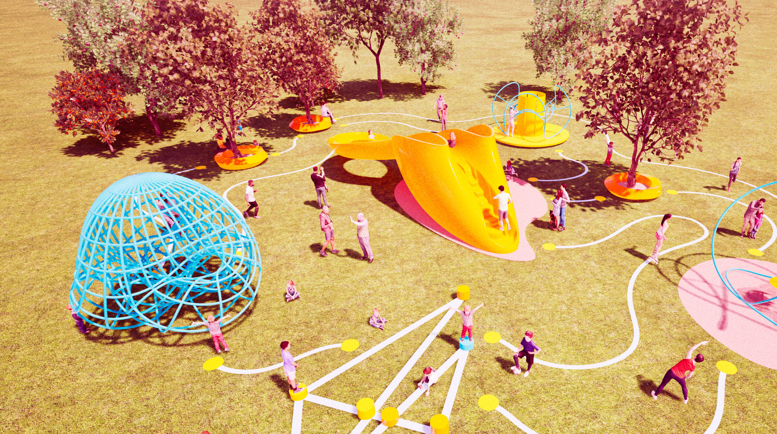 A digital rendering that shows playground equipment like swings, slides and a climbing net in a grassy park with people playing.