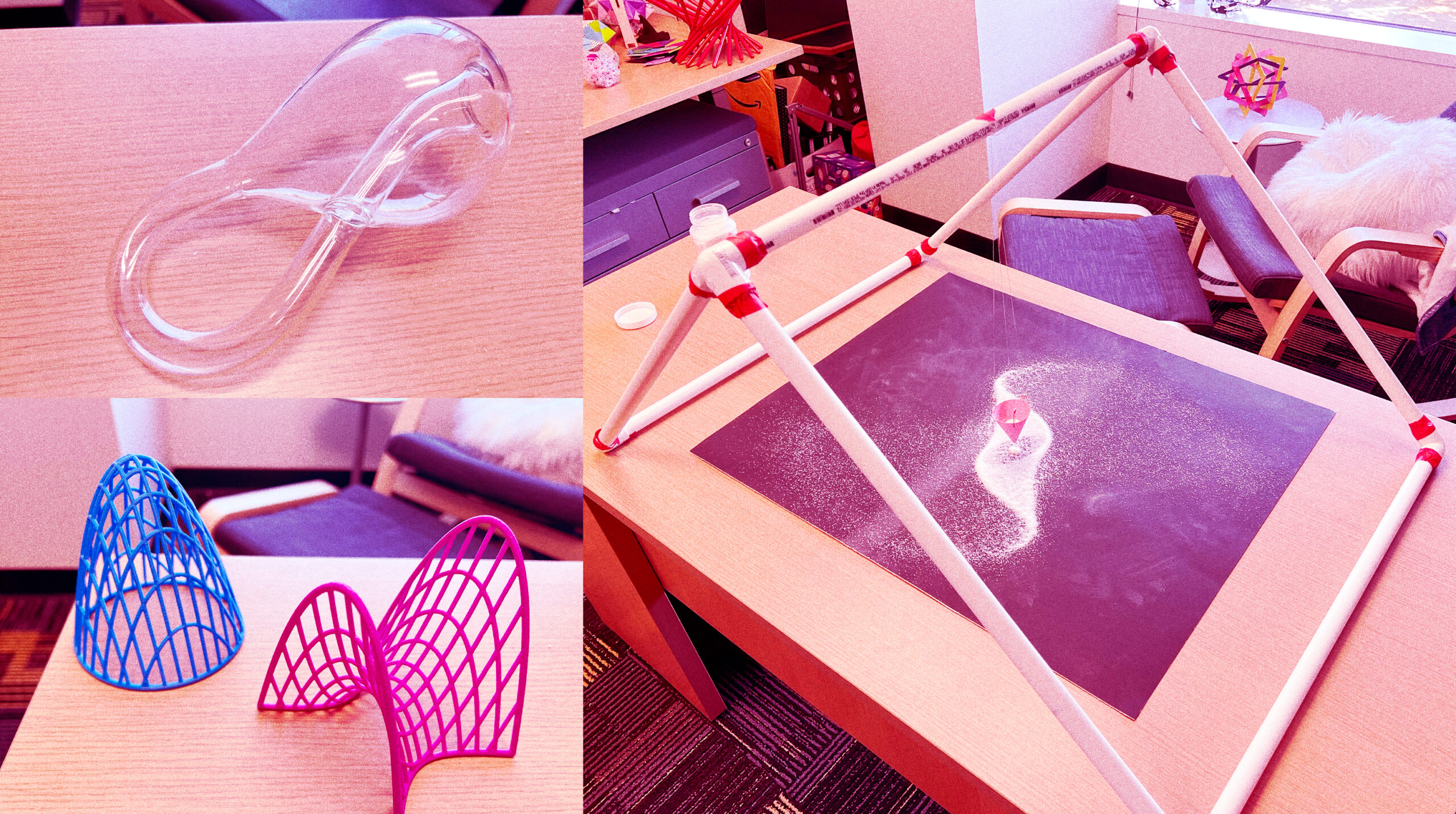 A series of mathematical models and shapes rendered in glass, plastic and sand.