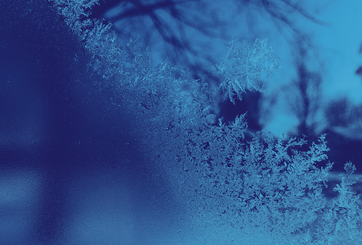 A close-up macro photograph of crystalline frost or a snowflake on a glass surface, shown through a blue color filter. The image captures delicate, feather-like ice structures that branch out repeatedly, showcasing the intricate self-similarity of a natural fractal.