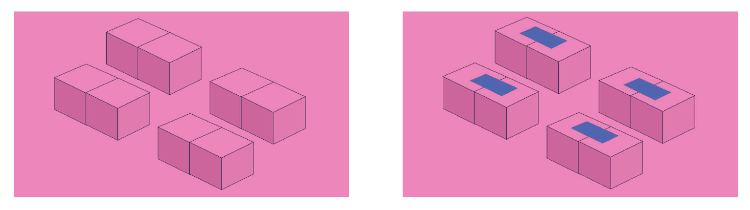 Two instructional diagrams show the first steps of building an infinity cube on a pink background. The left image shows eight pink cubes arranged in four side-by-side pairs. The right image shows blue pieces of tape placed across the top of each pair to create a "hinge," allowing the cubes to open and close like a book.