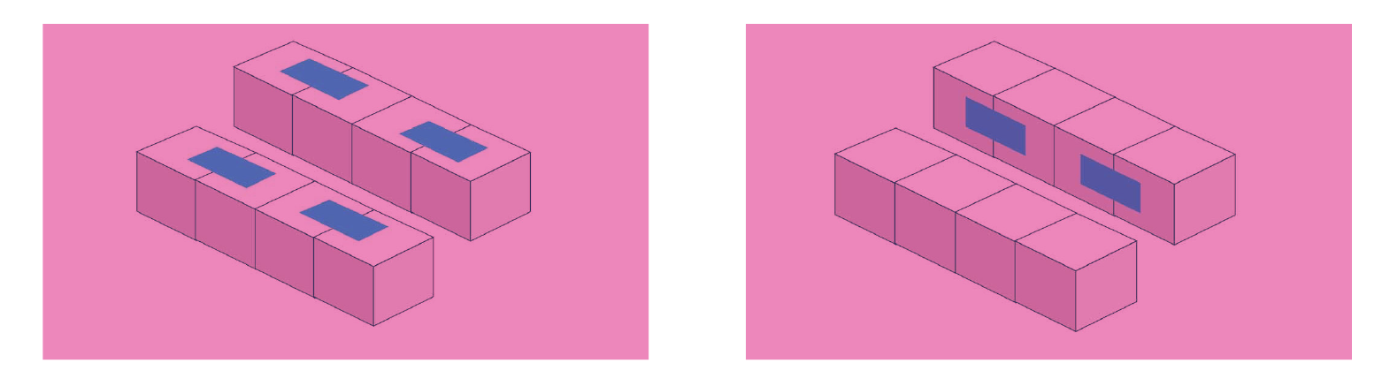 Two instructional diagrams on a pink background show the next steps for assembling an infinity cube. The first image shows four pairs of pink cubes being pushed together to form two parallel rows of four cubes each. The second image shows both rows being rotated 90 degrees inward so that the blue tape hinges from the previous step are now on the inside, facing each other.