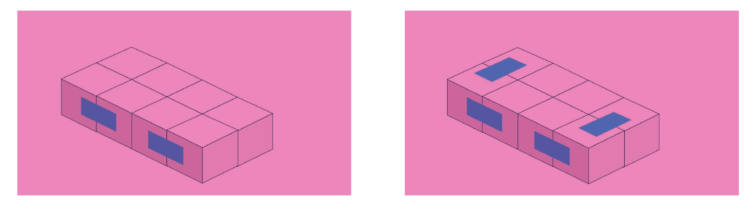 Two instructional diagrams on a pink background showing the final assembly of an infinity cube. The left image shows two rows of four pink cubes being pushed together to form a solid rectangular block of eight cubes. The right image shows blue tape being added to the short ends of this block, creating the final hinges that connect the end cubes while still allowing them to move.