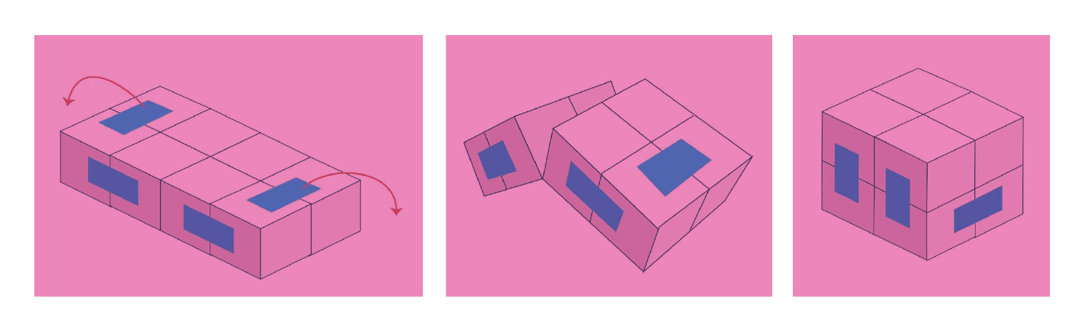 A sequence of three diagrams on a pink background demonstrating how to fold the completed infinity cube. First diagram: A flat, rectangular block of eight pink cubes has two red arrows indicating that the outer pairs of cubes should be folded downward. Second diagram: The block is shown mid-fold, with the end sections pivoting on their blue tape hinges. Third diagram: The cubes are fully folded into a compact 2×2×2 cube shape, showcasing the final result of the infinite flipping mechanism.