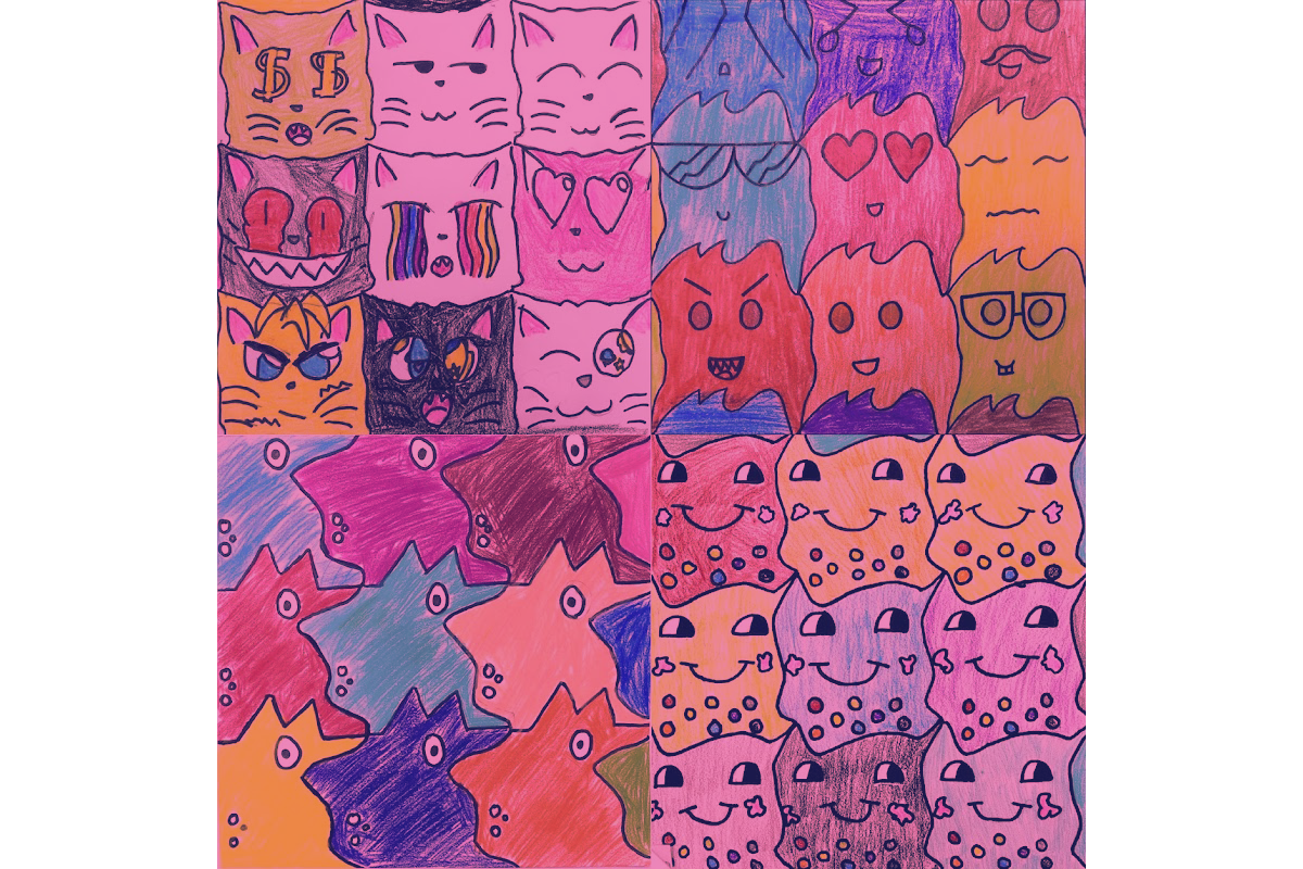 A vibrant four-panel grid of hand-drawn tessellations created on a pink background. Top-left: Interlocking cat faces with various expressions and styles, including some with dollar signs or sunglasses. Top-right: Repeating ghost-like flame characters with different facial features. Bottom-left: Interlocking bird-like shapes with a single eye, colored in shades of blue, pink, and purple. Bottom-right: A repeating pattern of smiling, blob-like creatures with colorful spots, resembling boba or candy.