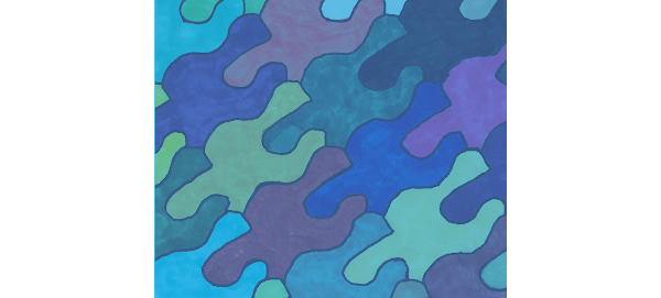 A vibrant hand-painted tessellation featuring interlocking, stylized figures. The pattern is composed of repeating organic shapes resembling abstract birds or figures with extended limbs. The artwork uses a cool color palette of various blues, purples, and teals, with each individual shape painted in a solid color to show how they fit together perfectly without gaps or overlaps.