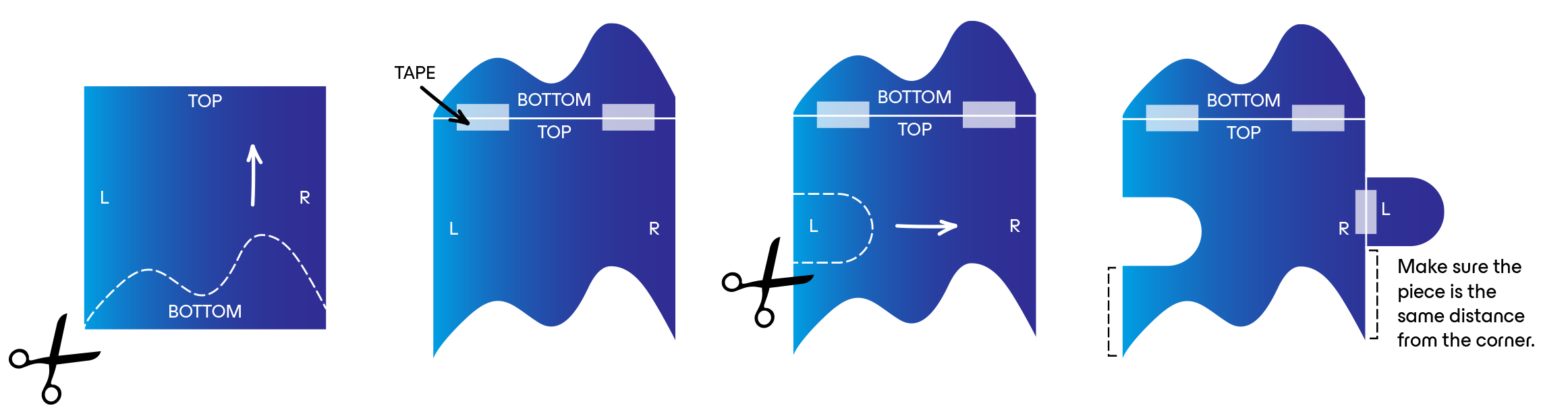 English: A four-part instructional diagram demonstrating how to create a tessellation piece from a square of paper. Top Left: A blue square labeled with "Arriba" (Top), "Abajo" (Bottom), "L" (Left), and "R" (Right). A wavy line is drawn along the bottom, and a pair of scissors indicates where to cut. Top Right: The cut piece from the bottom is moved to the top edge and secured with "Cinta Adhesiva" (Adhesive Tape). Bottom Left: A rounded "U" shape is cut from the left side. An arrow indicates this new piece will be moved horizontally to the right side. Bottom Right: The finished template piece, with the side cut-out now taped to the right edge. A facilitator tip notes that the piece should be kept at the same distance from the corner as its original position.