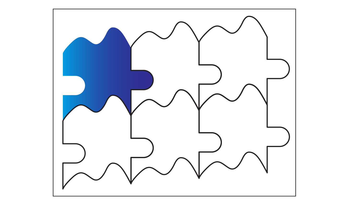 A black-and-white tessellation template featuring interlocking puzzle-like pieces. Each piece has a wavy, organic top and a rectangular side with a rounded protrusion (a "tab") that fits into a corresponding indentation (a "blank") on the neighboring piece. One piece in the top-left corner is shaded with a blue-to-dark-blue gradient to demonstrate how the repeating shape fits perfectly with the others to cover the surface without any gaps.