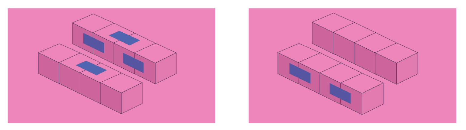 Dos diagramas instructivos sobre un fondo rosa que detallan las bisagras finales de un cubo infinito. La imagen de la izquierda muestra dos filas paralelas de cuatro cubos rosas, con nuevas bisagras de cinta azul aplicadas para unir los dos cubos centrales de cada fila. La imagen de la derecha ilustra ambas filas siendo giradas 180 grados hacia afuera, moviendo las bisagras de cinta que antes eran internas hacia las caras externas.