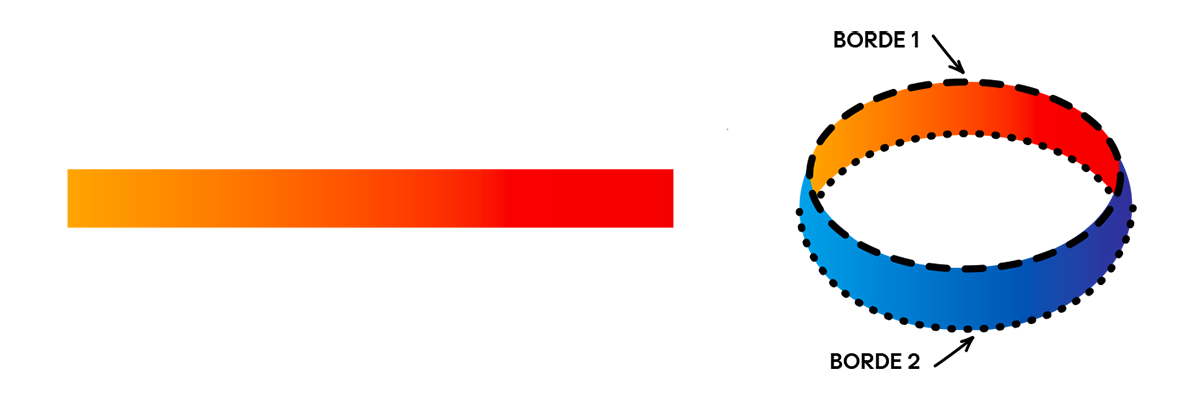 Un diagrama que muestra una tira rectangular de papel coloreada con un degradado de naranja a rojo. A la derecha, se muestra la tira pegada formando un "bucle de control" (un cilindro simple). El bucle está etiquetado para mostrar que tiene dos bordes distintos: el "Borde 1" es una línea discontinua en la parte superior y el "Borde 2" es una línea punteada en la parte inferior.