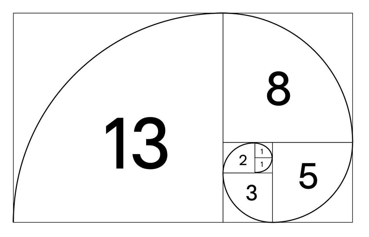A diagram illustrating the Fibonacci spiral inside a golden rectangle. The rectangle is subdivided into smaller squares, each labeled with a number from the Fibonacci sequence indicating its relative size: 1, 1, 2, 3, 5, 8, and 13. A continuous, smooth black spiral curve originates in the smallest square (1) and sweeps outward through the corners of each consecutively larger square, ending at the outer edge of the largest square (13).