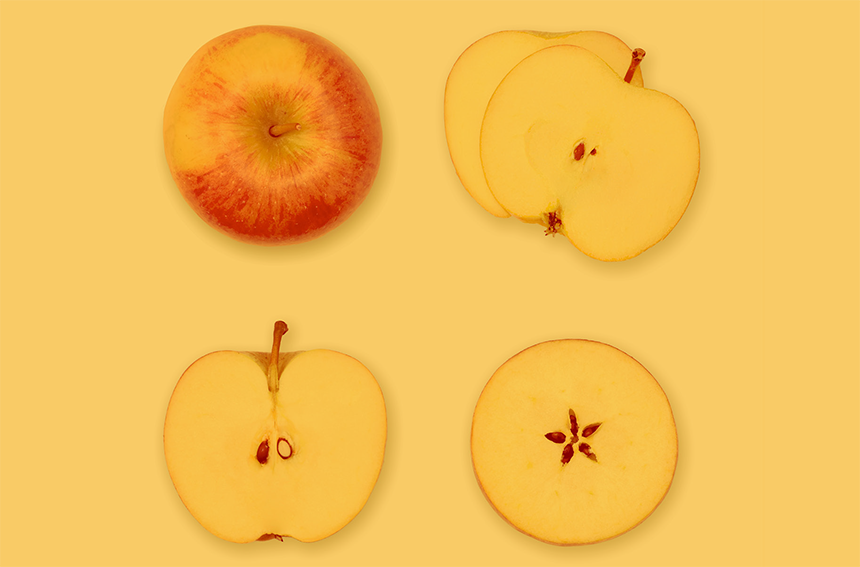 The image has a warm orange-yellow color filter. The top left shows a whole apple from above. The top right and bottom left show apples sliced vertically. The bottom right slice shows a horizontal cross-section of the apple, clearly illustrating a Fibonacci number with its central seed chambers forming a distinct 5-pointed star pattern.