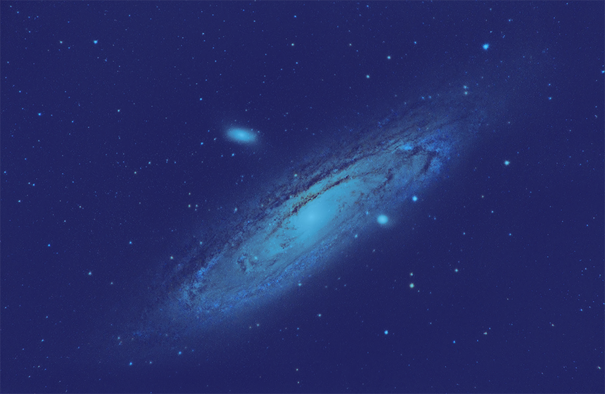 A graphic titled "Galaxies" featuring a photograph of a massive spiral galaxy, like Andromeda, stretching diagonally across deep space to illustrate cosmic Fibonacci logarithmic spirals. The image is filtered in a cool dual-tone style with shades of deep navy blue and bright cyan. A brilliant, glowing core rests at the center, surrounded by vast, overlapping arms of stars and cosmic dust that curve smoothly outward into the star-speckled background.