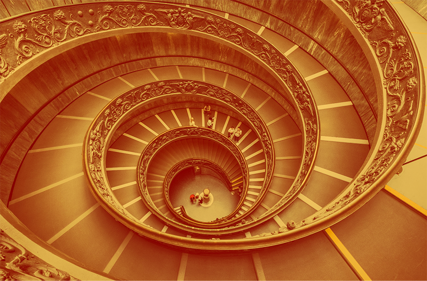 A graphic titled "Spiral Staircase" featuring a dramatic top-down photograph of a grand, multi-tiered spiral staircase to illustrate Fibonacci-style architectural design. The image is filtered in a warm monochromatic orange-yellow tone. The stone steps wind downward in a continuous, elegant counterclockwise spiral toward a central bottom floor where a few tiny figures of people can be seen, emphasizing the logarithmic expanding scale of the ornate balustrade.